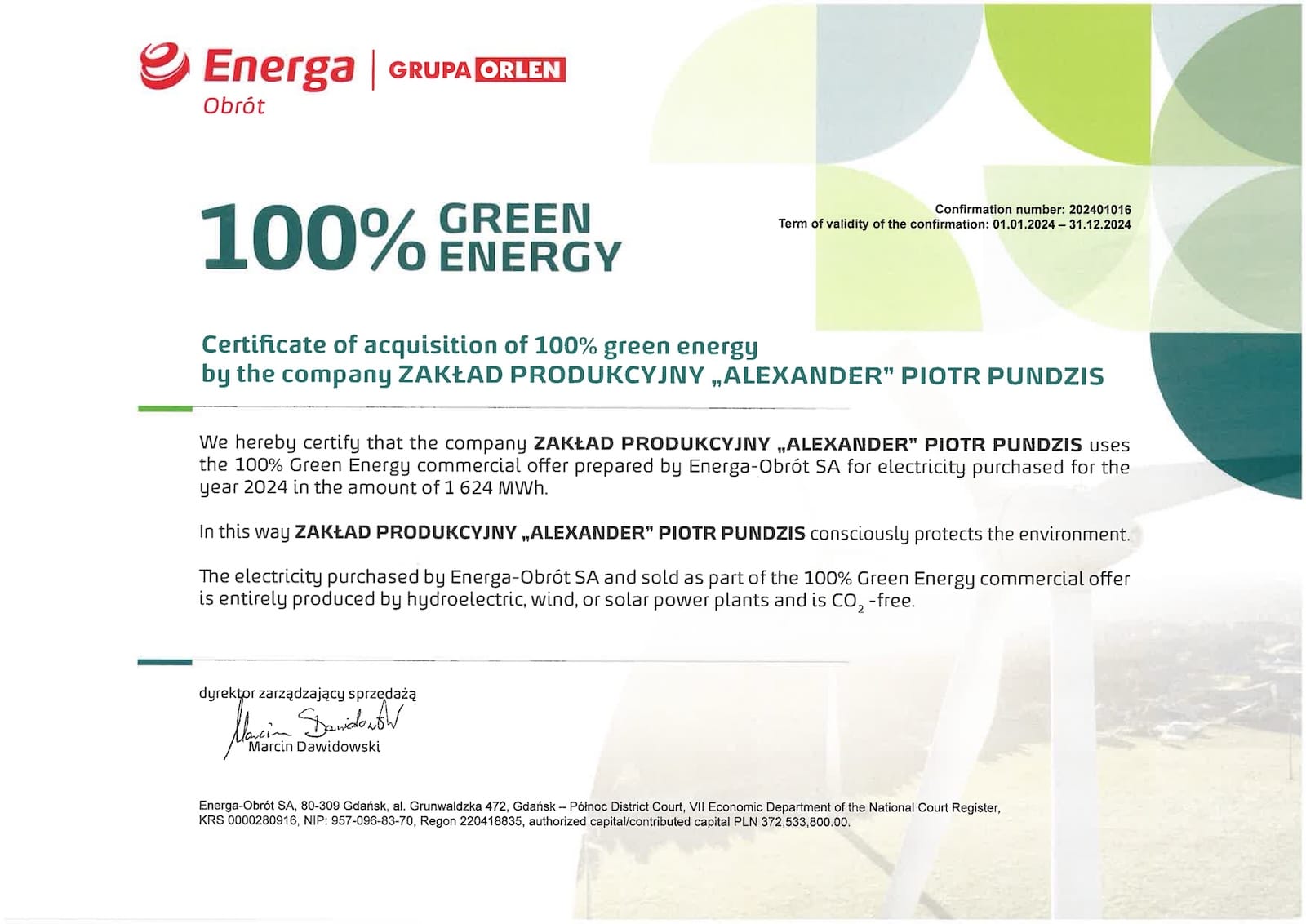 Certifikát Zelená energie